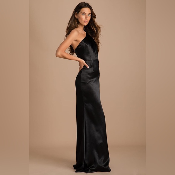 NWT Lulus On the Guest List Black Satin One-Shoulder Maxi Dress - Picture 2 of 12